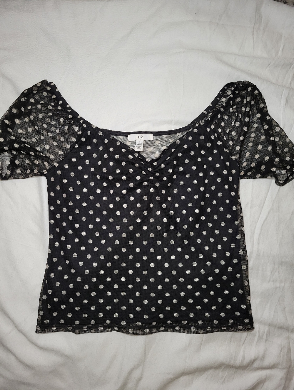 BP Women's Small Polka Dot Blouse Black White Short Sleeve Sheer Back